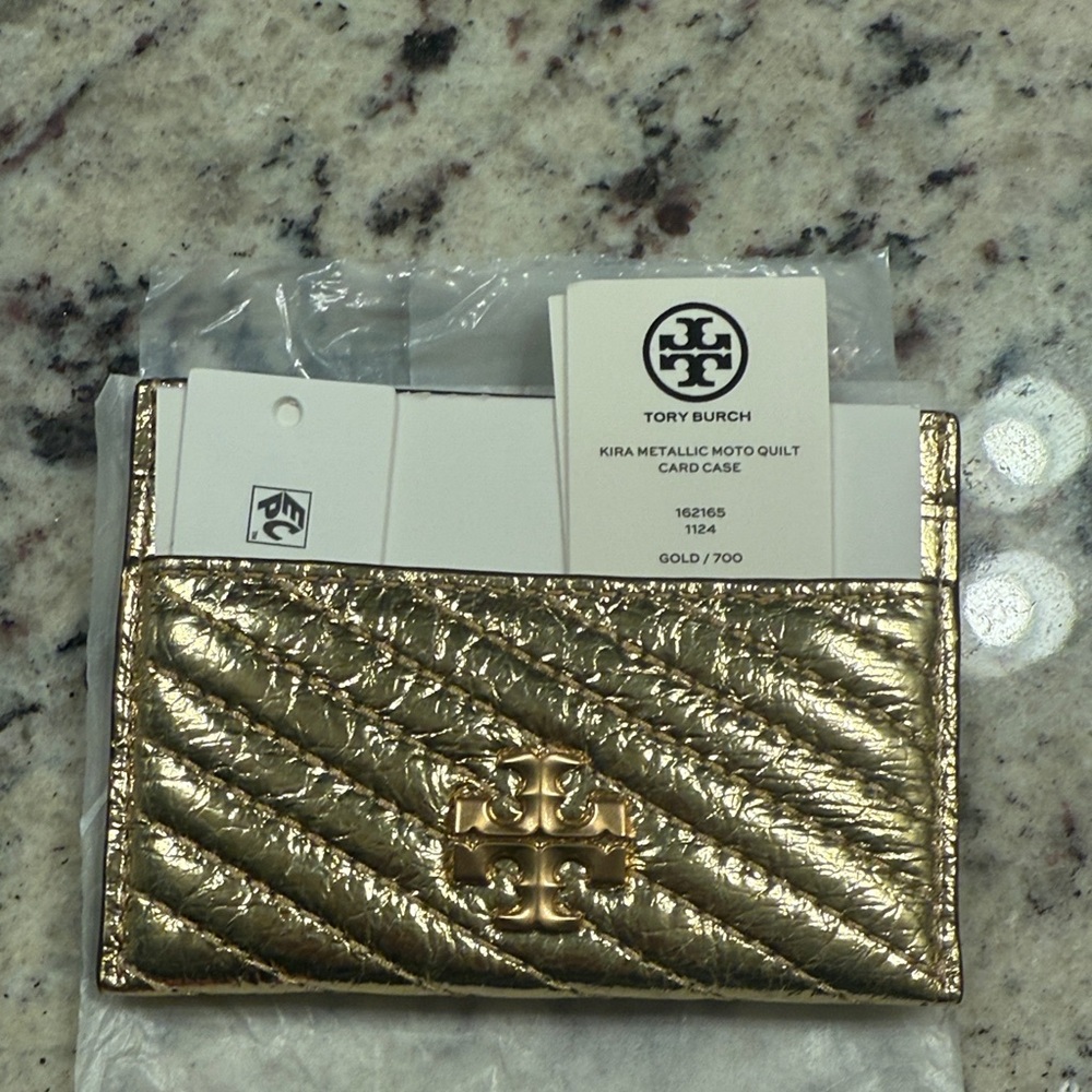 New Tory Burch Kira moto metallic quilt Leather Card Holder 6 slots new with tag